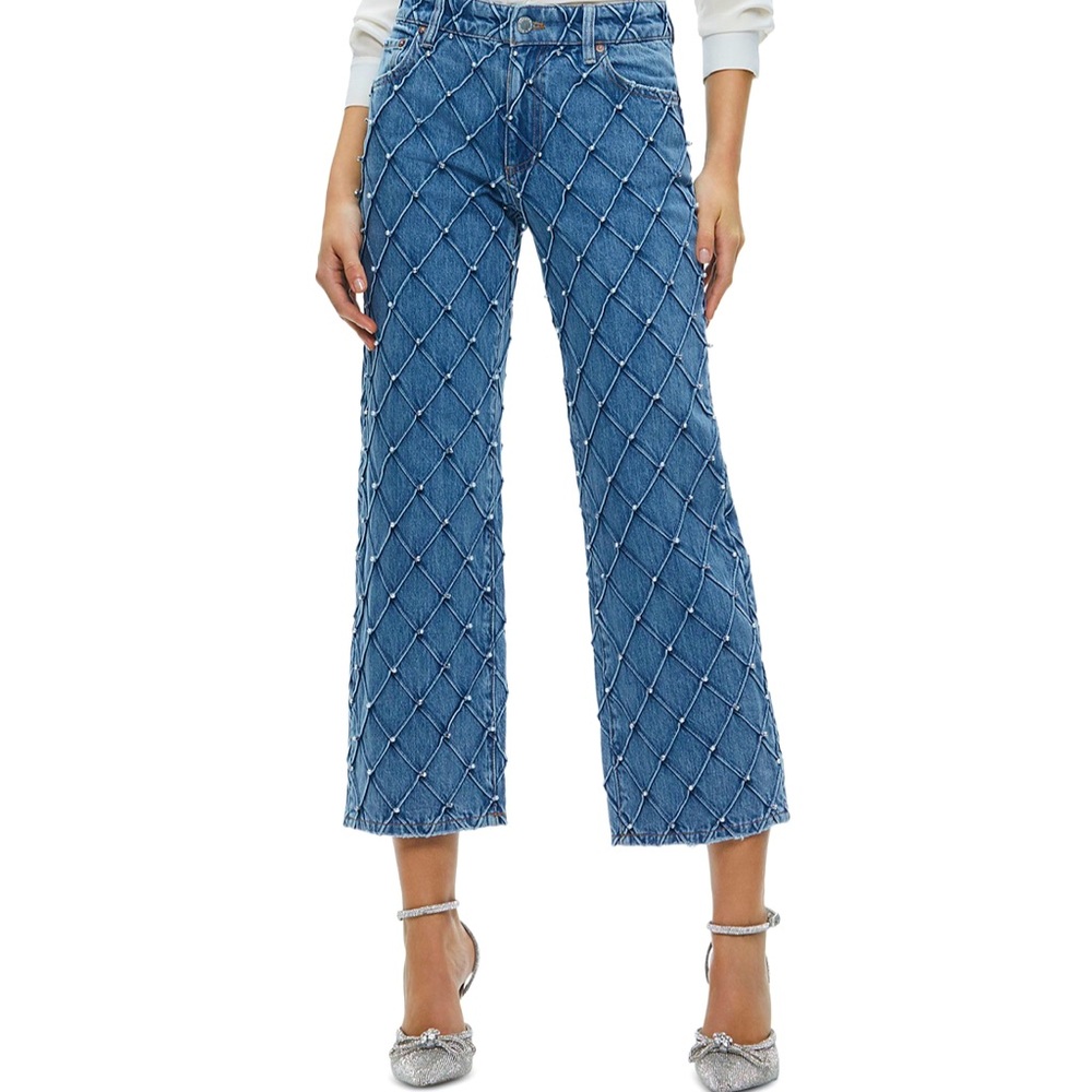 NWT Alice + Olivia Weezy Quilted Embellished Cropped Jeans in Light Indigo S 26